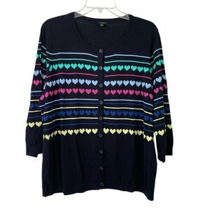 Talbots Charming Hearts and Stripes Navy Button Front Cardigan (Size 2X Petite)